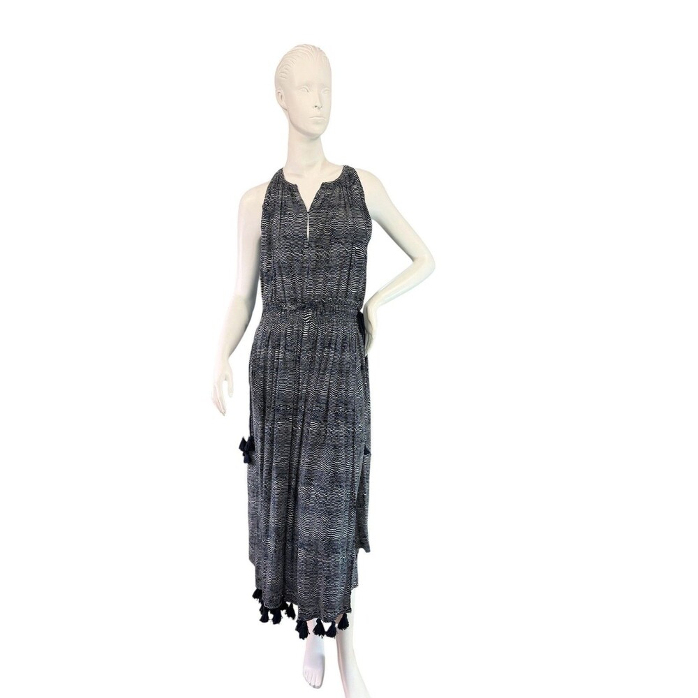 Apiece Apart Silk Maxi Dress Navy Blue & White Stripe Tassel Hem $575 Size 4